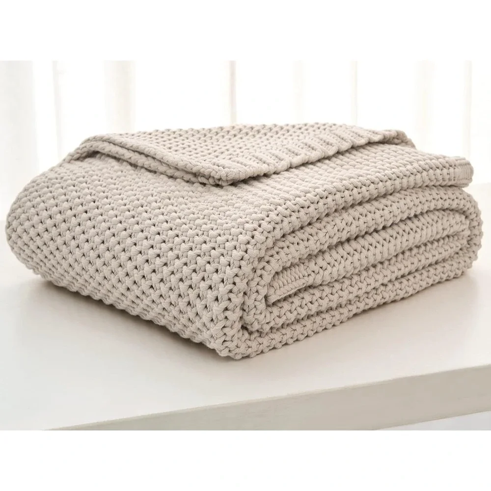 Longhui Bedding CB Chunky Cable Knit Throw Blanket 100% Cotton Beige 60x80
